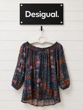 Desigual Boho Patchwork Off-Shoulder Blouse Size M NWT